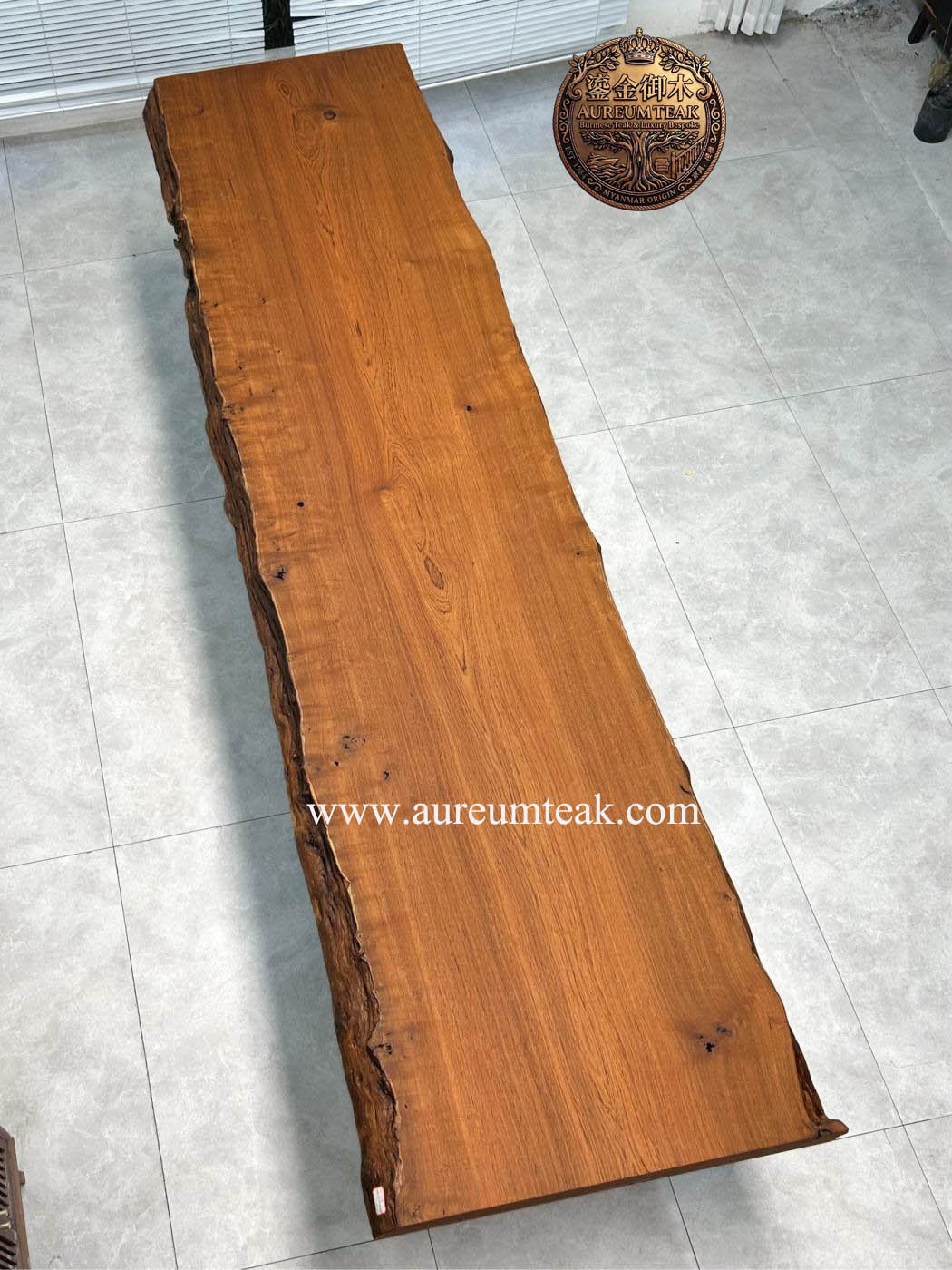 Wholesale Premium Natural Burmese Teak Live Edge Slab | Custom Solid Wood Table Tops, Dining Slabs & Luxury Interior Timber by Aureum Teak